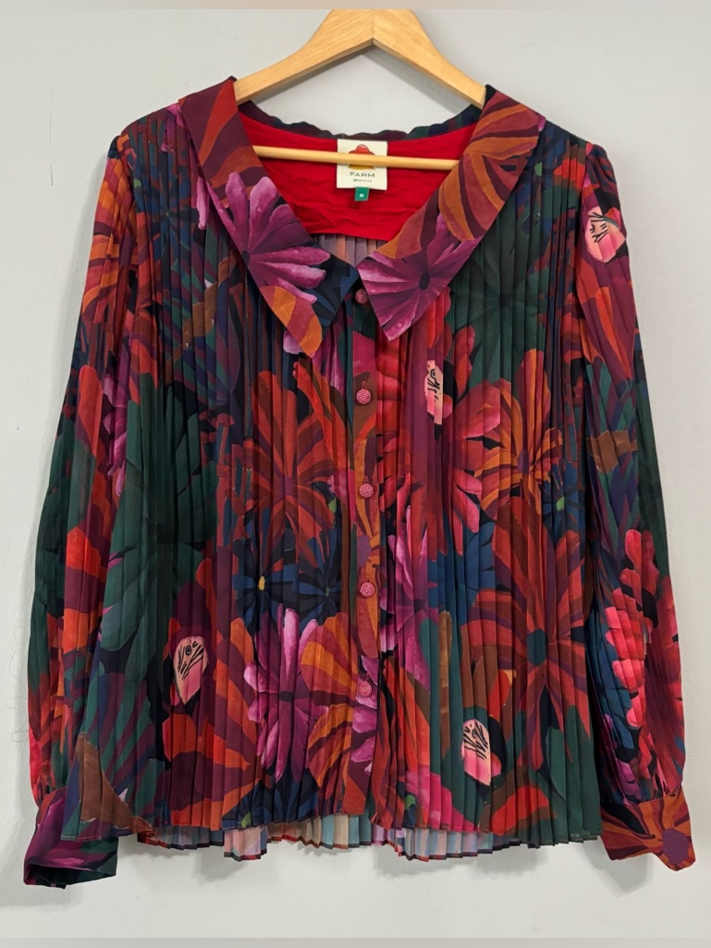 NWOT FARM Rio Multicolor Tropical Print Pleated Long Sleeve Button Up Blouse